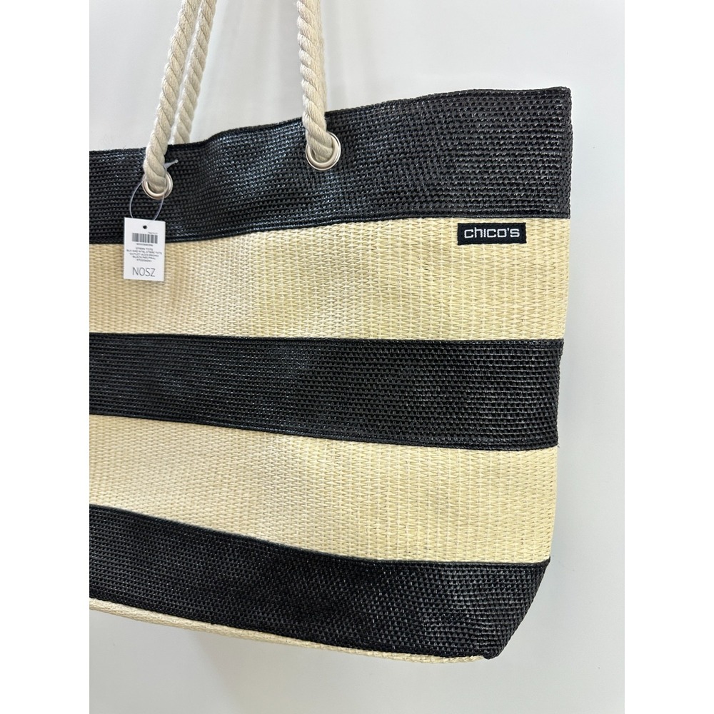 NEW Chico's Black Neutral Striped Woven Straw Beach Tote Bag Rope Handles Resort - Picture 4 of 11